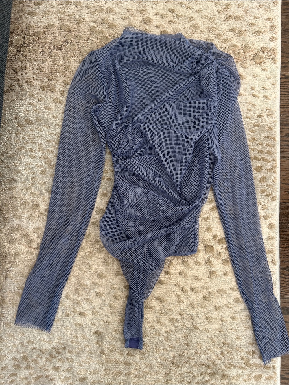 Draped Long-Sleeve Mesh Bodysuit in Periwinkle